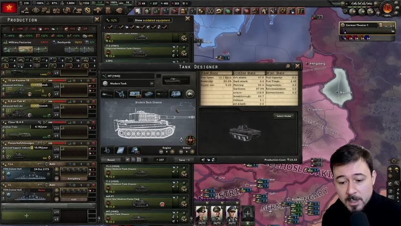 HOI4 Tank Designer panel showing the MT (1945) Modern Tank Chassis design with Armor 108.6, Piercing 66.0, Reliability 83.0%, Production Cost 23.53