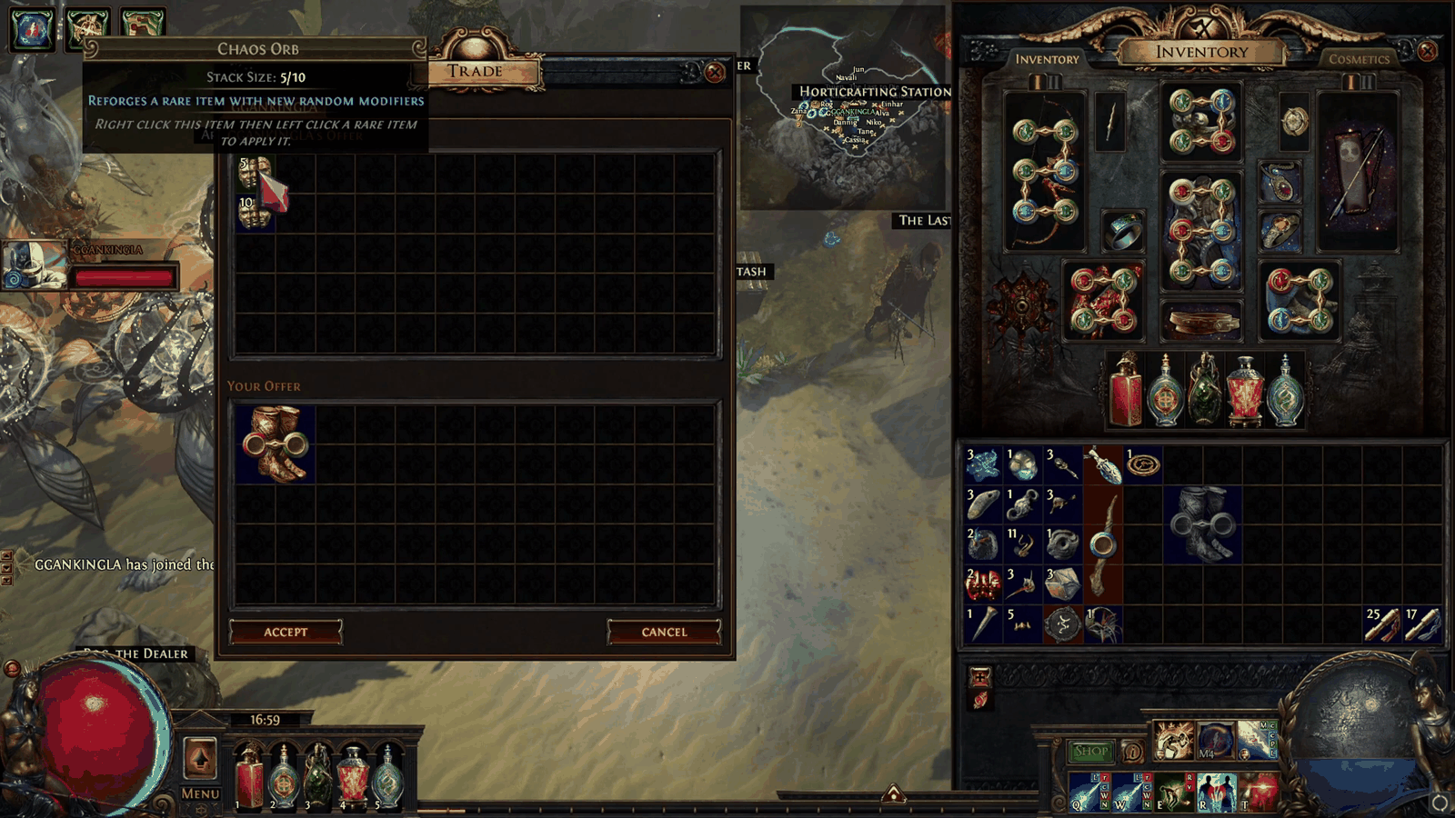 The Path of Exile trade window with a Chaos Orb stack tooltip open, the currency check that is the core of path of exile scam avoidance