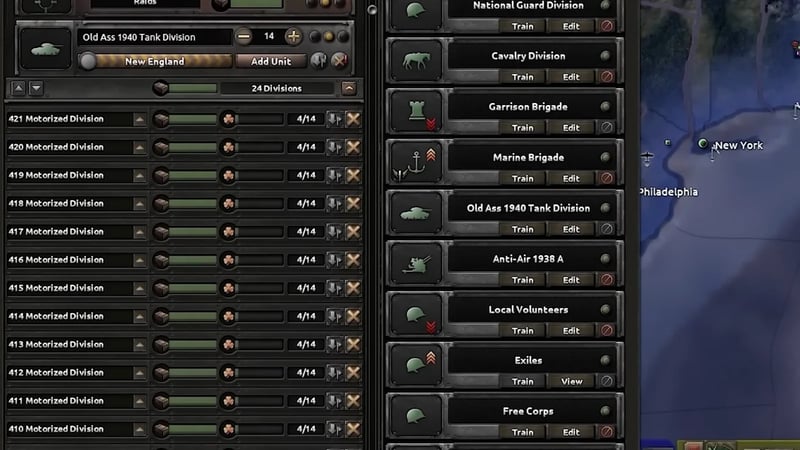Deployment queue showing the "Old Ass 1940 Tank Division" template at width 14 beside queued Motorized Divisions and the full template list