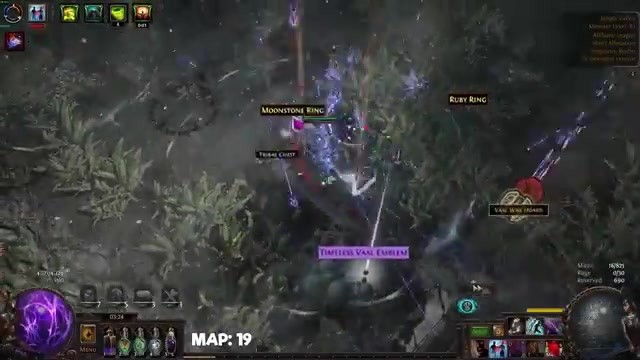 A Timeless Vaal Emblem drop labeled on screen alongside ring drops