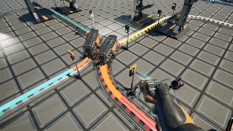 Two Satisfactory trains crossing the same orange pathed junction block at the same time on non-crossing routes, with green path signals on each entrance.