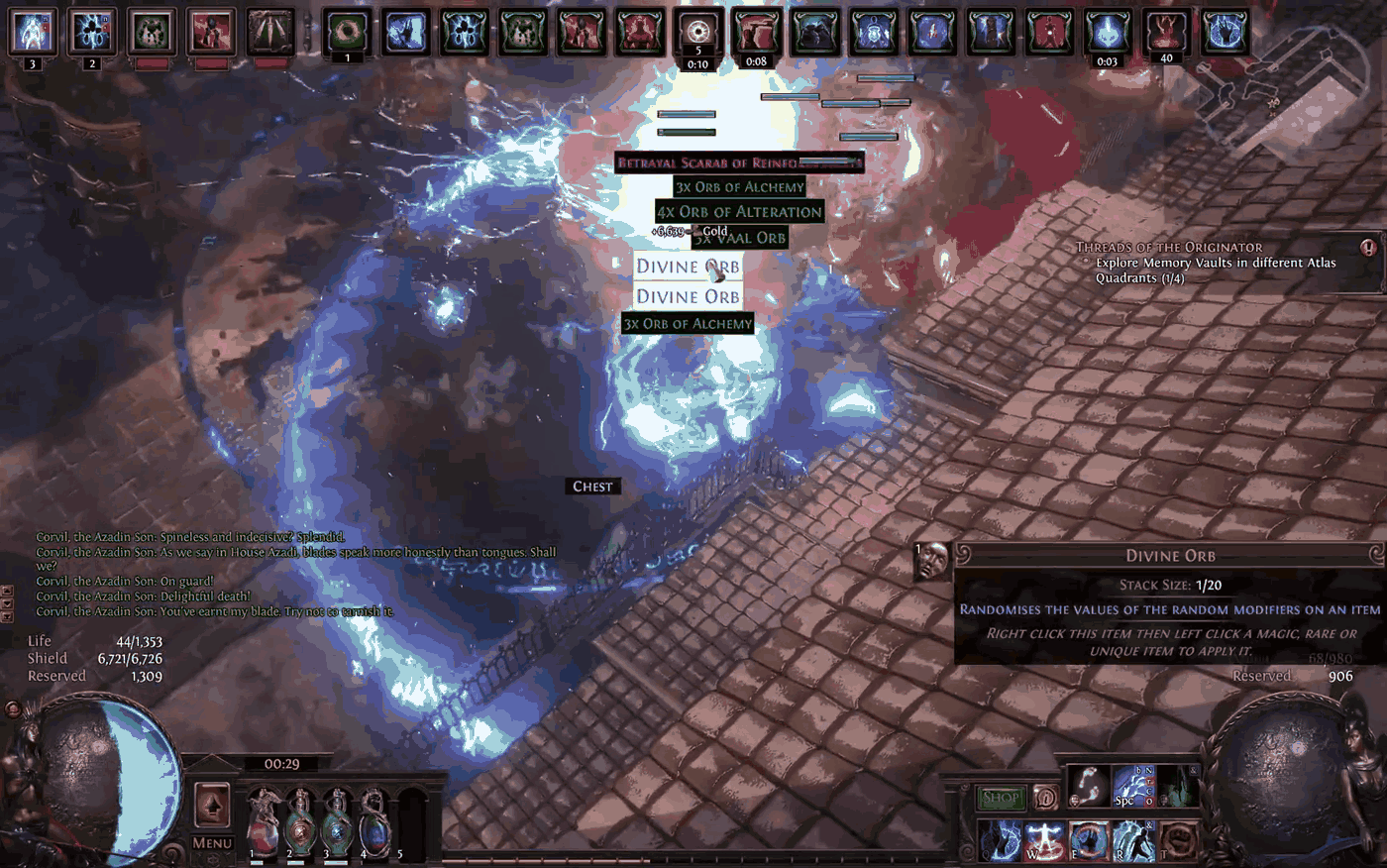 Two Divine Orbs plus Orbs of Alchemy, Alteration and a Vaal Orb dropping from a Path of Exile City Square map run