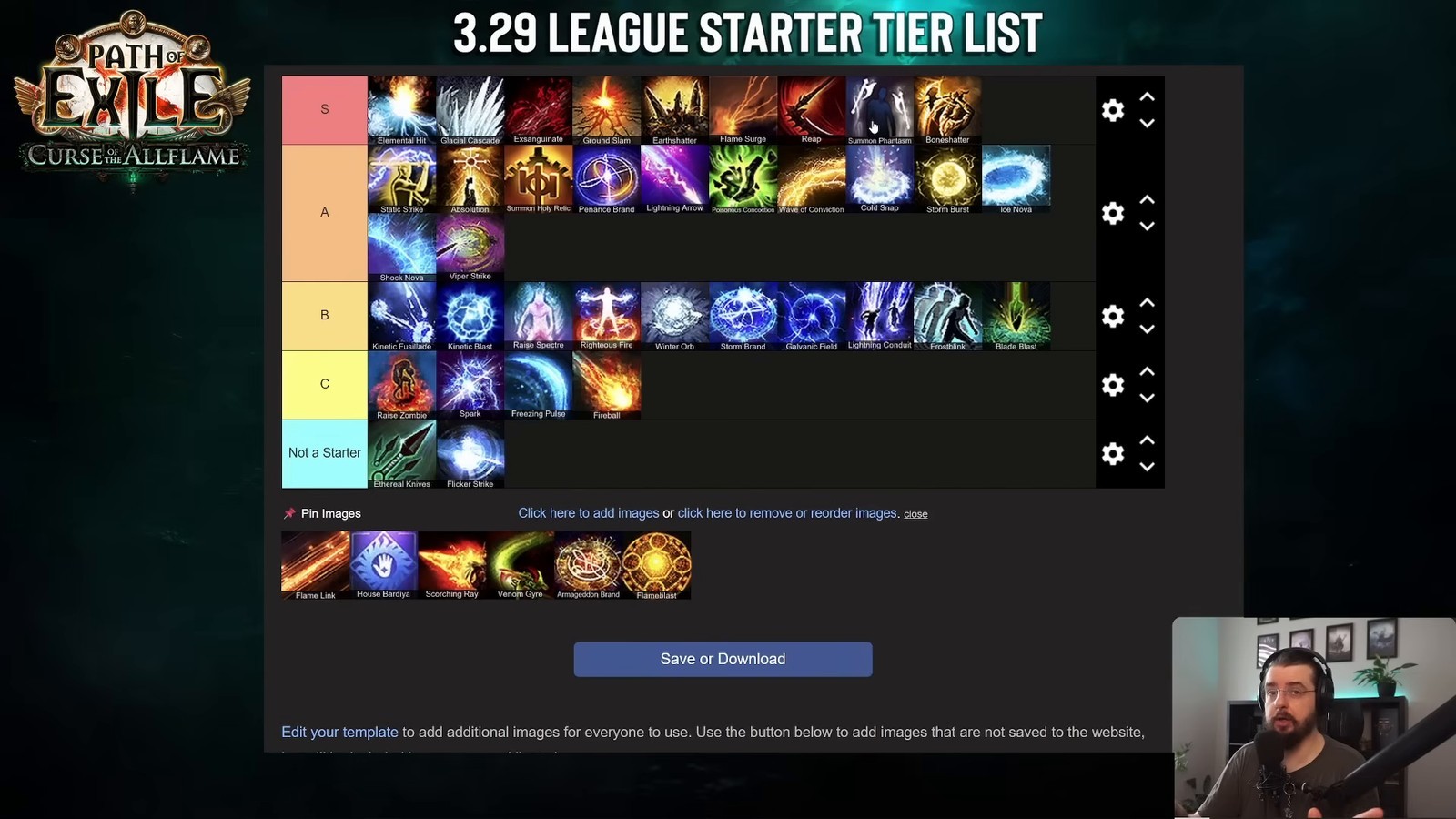Final 3.29 League Starter Tier List board with every discussed skill placed across S, A, B, C, and "Not a Starter" rows