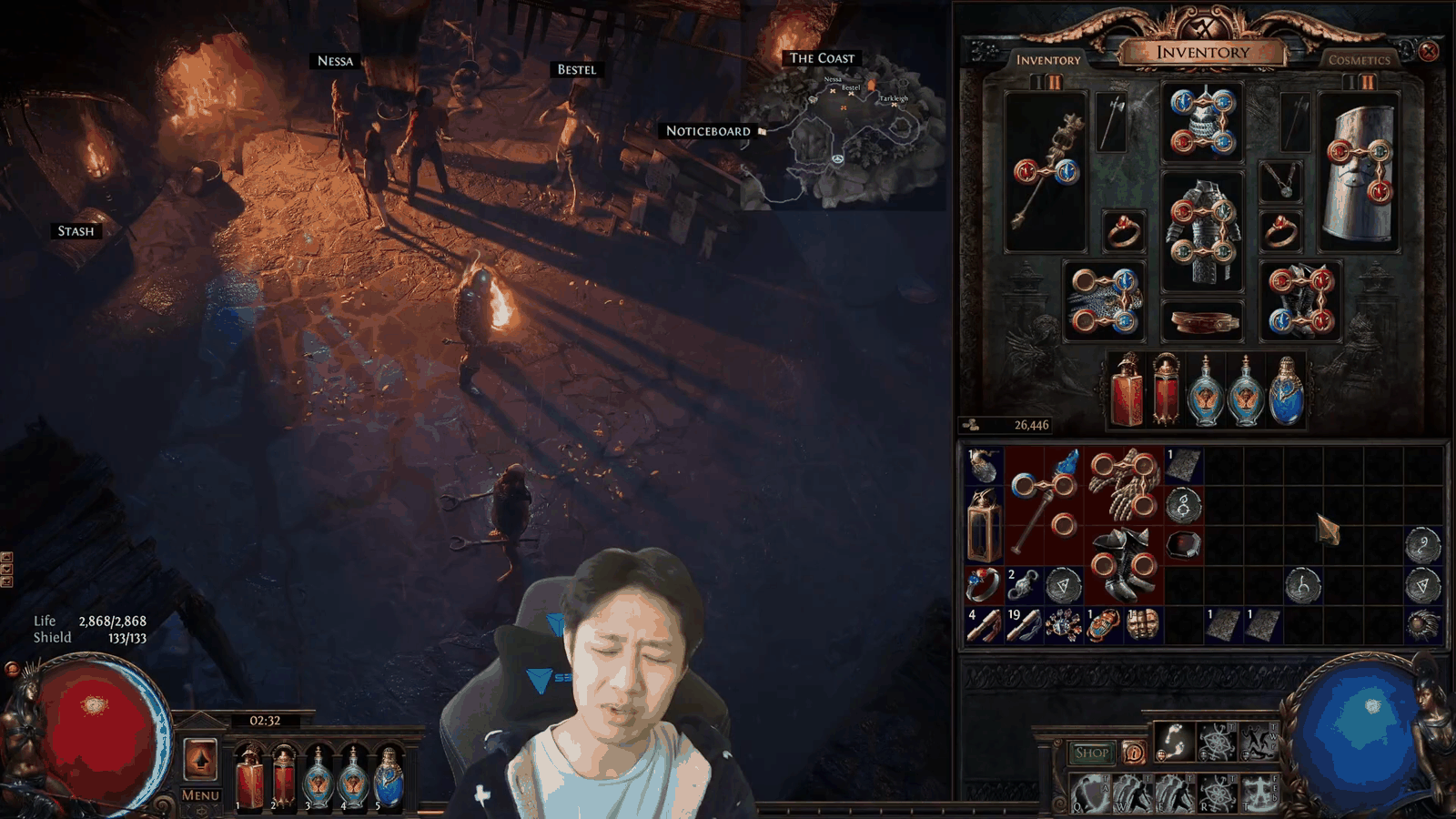 Path of Exile inventory showing red, green and blue socket colours across every gear slot, the basis of PoE skill gems explained for beginners