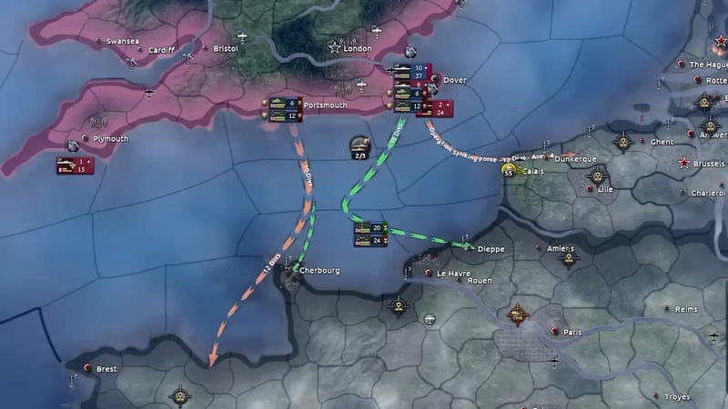 Map with "Operation Striking Force" invasion arrows from Portsmouth and Dover into Cherbourg and Dieppe, each labeled with a division count