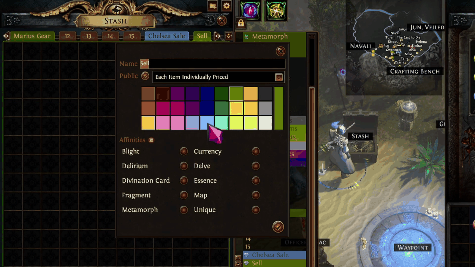 Poe stash tabs trading setup: the tab options dialog with the name set to Sell, the Public toggle and the Each Item Individually Priced dropdown
