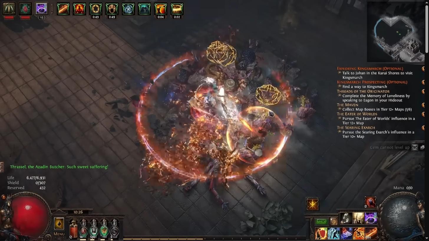 Path of Exile 3.29 Allflame encounter inside a map, with two golden lanterns burning over a pack of dead monsters and loot on the ground
