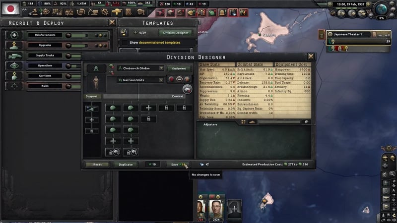 Division Designer showing the Chuton-chi Shidan template's full combat and cost stats