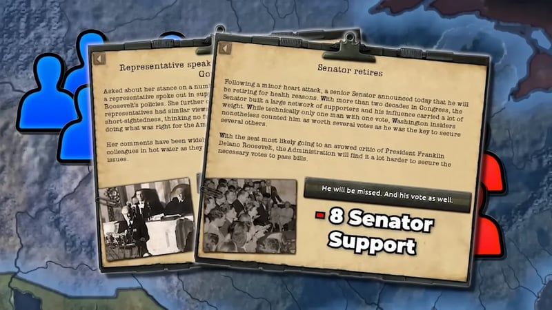 Congress event card "Senator retires" showing an "8 Senator Support" cost below the choice button
