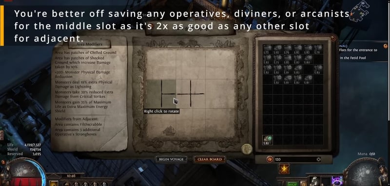 Path of Exile voyage planner showing Modifiers from Adjacent granting three additional Operative's Strongboxes, with an on-screen note that the middle slot is twice as good as any other for adjacent
