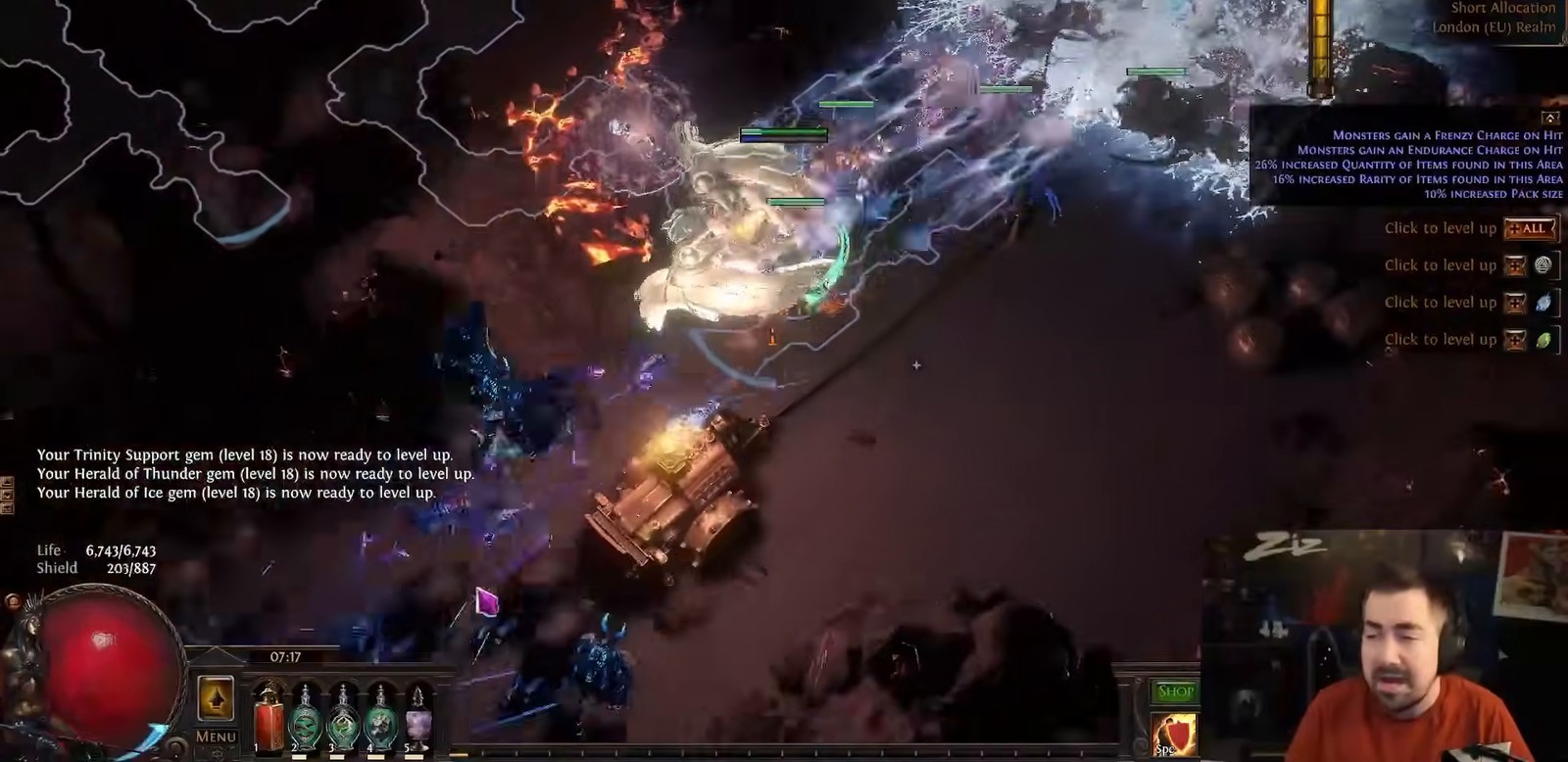 Path of Exile Delve gameplay showing the mining cart, a boss encounter, and area modifiers in an Azurite Mine instance