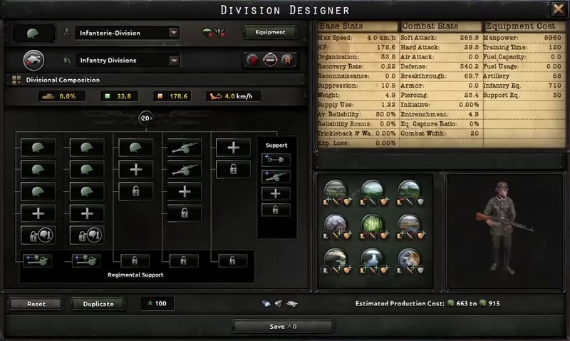 Division designer at 20 combat width with nine infantry battalions and two support companies
