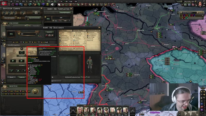 Army HQ Designer screen with the Infantry HQ Security tooltip showing manpower cost at 600 and infantry equipment cost at 60.