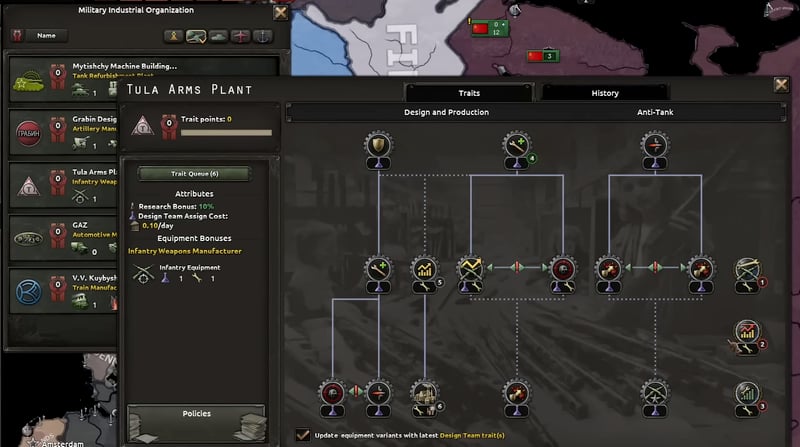 The military industrial organisation screen with an MIO trait tree open