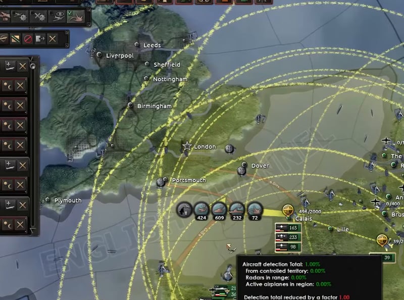 The English Channel with air mission range circles drawn over it