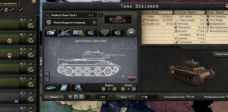 Tank designer showing the upgraded A-1 medium flame tank