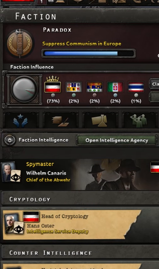 The faction intelligence screen with the spymaster appointed