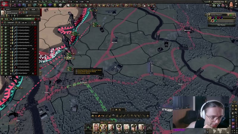 This map view highlights how commander placement near the front line affects division bonuses and planning efficiency.