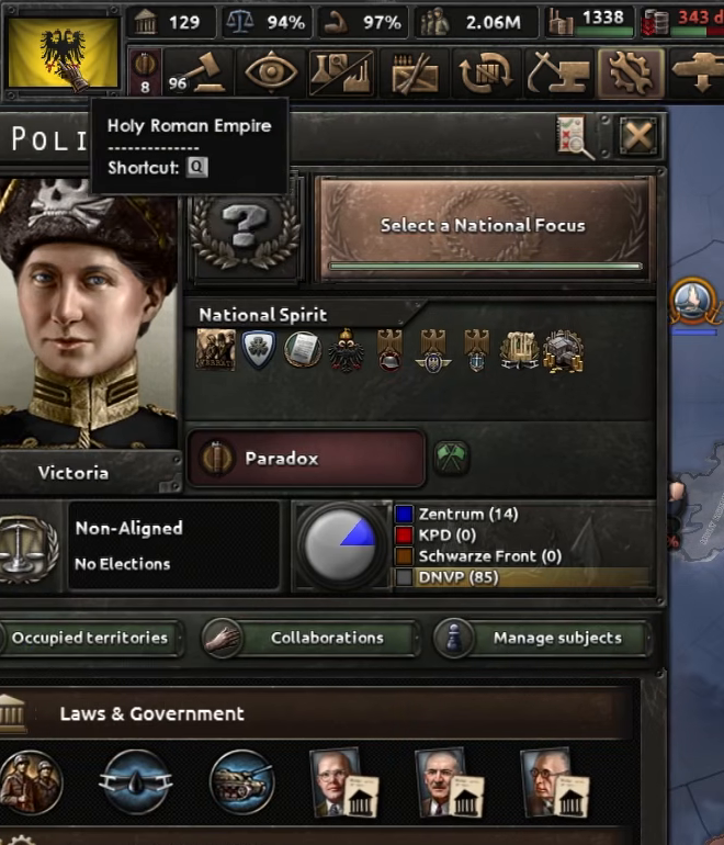 Political panel at the end of the run — Kaiserin Victoria, non-aligned, with 1,338 factories in the top bar