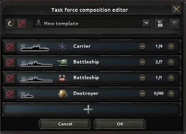 The task force composition editor showing its target slots