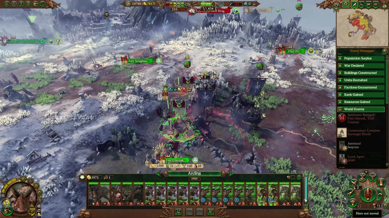 Total War: Warhammer 3 campaign map showing Fort Ostrosk besieged, several enemy Chaos armies nearby, Skaven armies positioned around the settlement, and movement/reinforcement indicators.