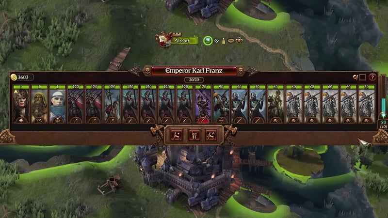 Army composition screen for Emperor Karl Franz showing a balanced 20-unit roster with infantry, missile units, cavalry, and support characters, each unit type and their numbers visible.