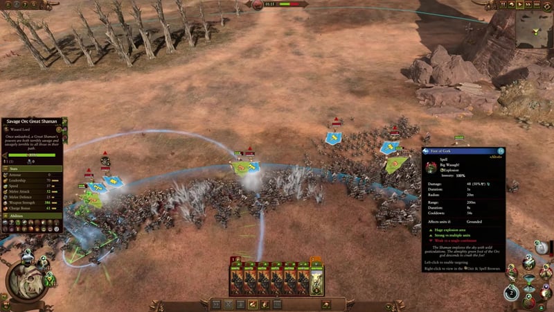 Warhammer battle screen with Savage Orc Great Shaman panel open, showing spell details for 'Foot of Gork' in the Big Waagh lore, stats including damage and cooldown, and Greenskin units engaged with enemy dwarfs.