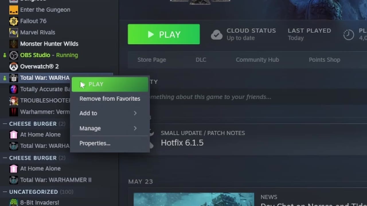 Steam library context menu opened on Total War: Warhammer III with options for Play, Remove from Favorites, Add to, Manage, and Properties visible.