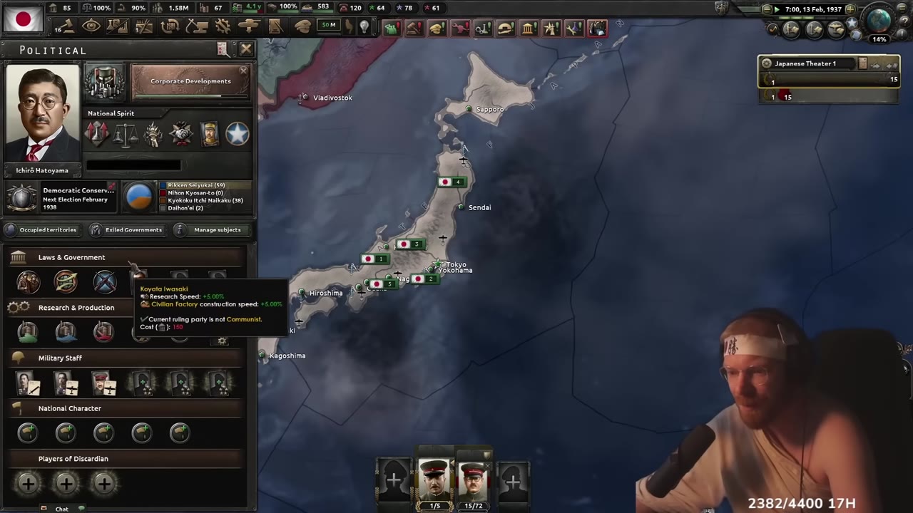 Political menu in Hearts of Iron IV showing Japan's national spirit, government, with a tooltip highlighting a bonus to civilian factory construction speed and research speed under 'Kayota Iwasaki'. The map of Japan is visible with troops positioned, and several civilian and economic stats are shown at the top.