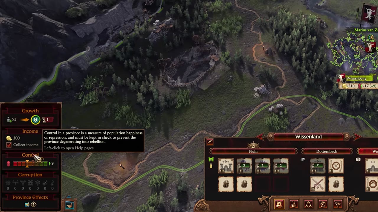 Province management panel for Wissenland showing Growth (+95, 1 surplus), Income (500 gold, collect income), Control (+9, tooltip explaining control effects), and Corruption stats.