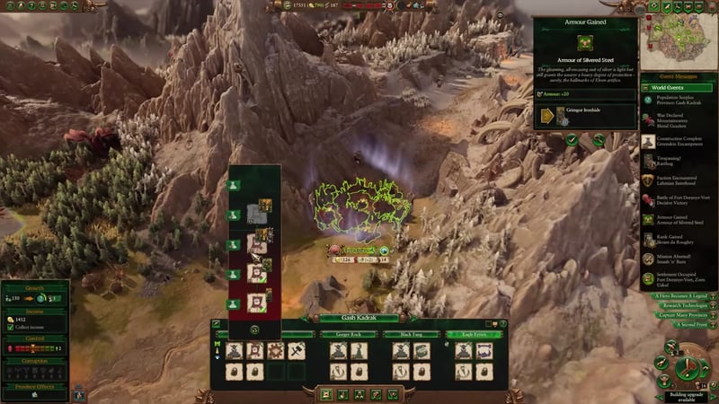 Campaign map view with the province panel for Gash Kadrak open, showing growth (150), income (1412), control (+2), and corruption (0), along with visible settlement buildings and effects.