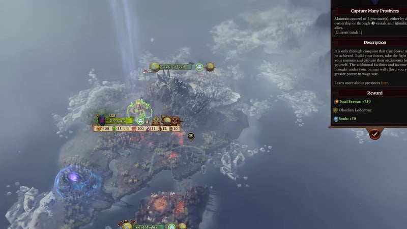 Campaign map showing the Konquata region with corruption values for Chaos, Vampiric, and Skaven, but without detailed threshold effects or a clear corruption panel.