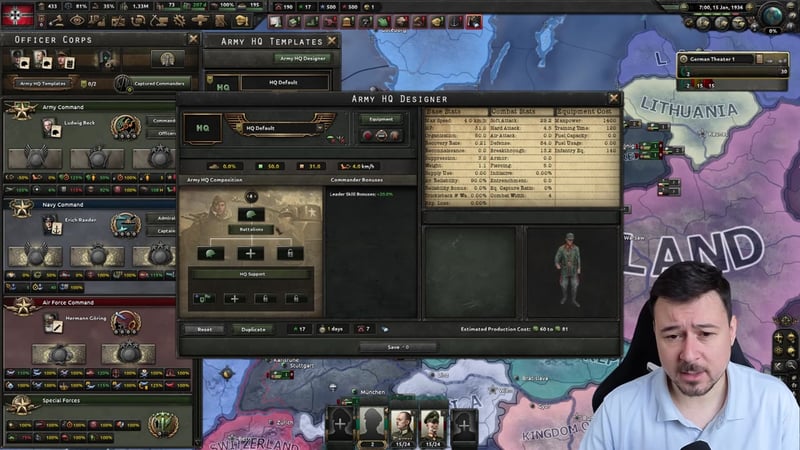 Army HQ Designer screen with the HQ Default template selected, showing one filled battalion slot, an empty HQ Support slot, and stats including Combat Width 4, HP 31.0 and an estimated production cost of 60 to 81 equipment