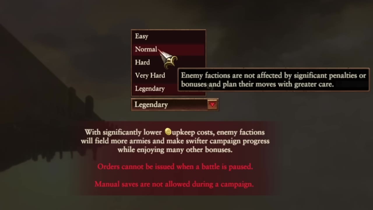 Campaign difficulty selection menu for Total War: Warhammer 3 with Easy, Normal, Hard, Very Hard, and Legendary options. Normal is selected, and tooltip explains enemy faction behavior and bonuses. Additional notes about lower upkeep costs, army fielding, and save restrictions are visible below.