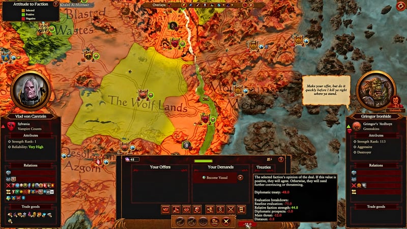 Diplomacy screen with Vlad von Carstein and Grimgor Ironhide, showing the 'Become Vassal' deal, baseline evaluation (75.0), relative faction strength (44.8), diplomatic prospects (-5.0), main threat (-12.0), and strength ranks (Vlad: 1, Grimgor: 113).