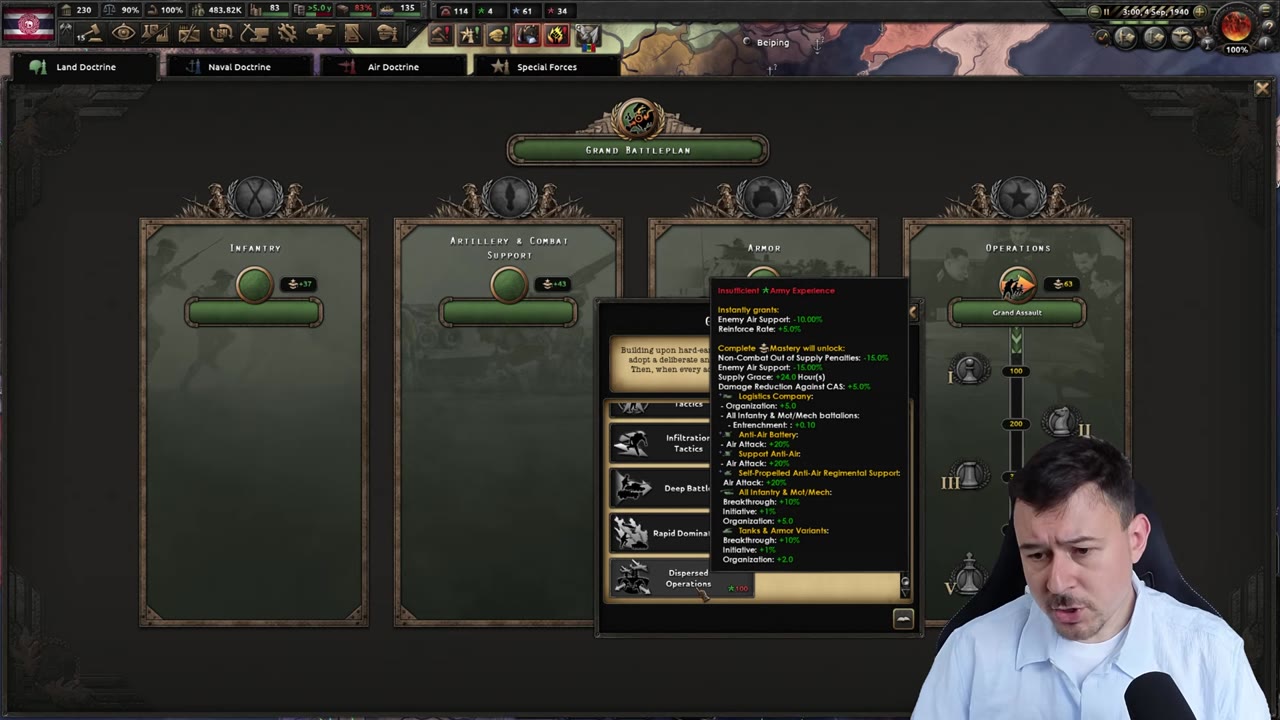 Land Doctrine screen with the Operations branch open, showing the Dispersed Operations node and a tooltip listing its enemy air support reduction and CAS damage reduction bonuses