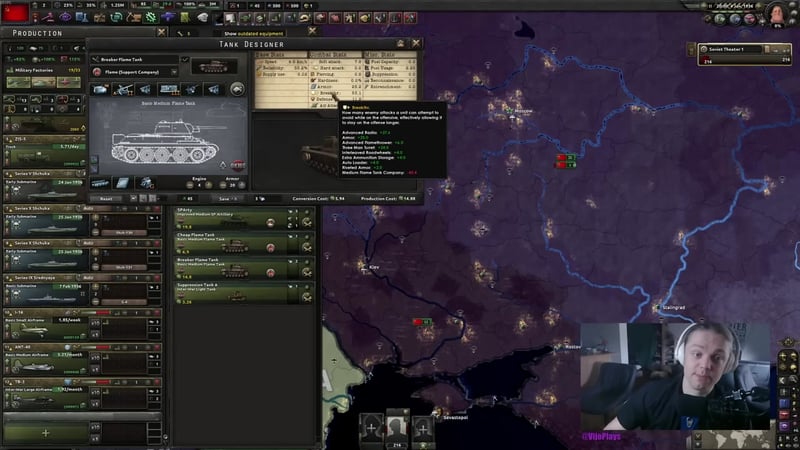 Tank Designer showing the 'Breaker Flame Tank' with a tooltip listing Breakthr. bonuses from Advanced Radio, Advanced Flamethrower, Three Man Turret and other upgrades, engine level set to 4 below the tank preview