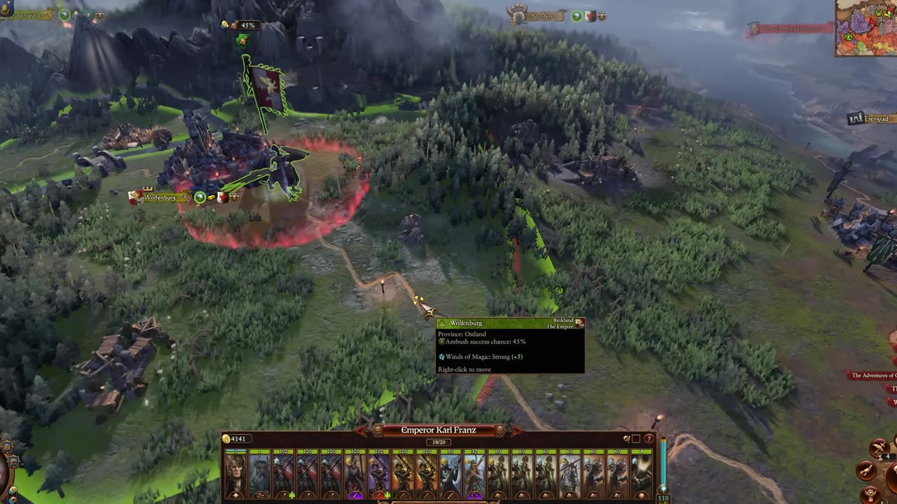 Campaign map with Emperor Karl Franz's army and a tooltip showing ambush success chance 45% in open terrain near Wolfenburg, with forests nearby.