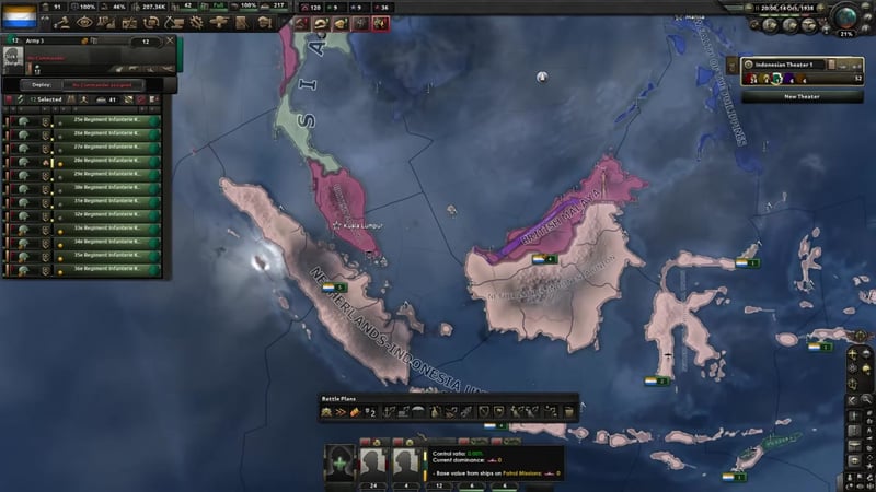 Map of the Malaya / Netherlands-Indonesia Union region with 'Army 3' selected in the left panel (12 infantry regiments listed) and division groups marked '5' near the Malaya coast and '4' on the northern part of British Malaya; a Battle Plans panel is open at the bottom of the screen.