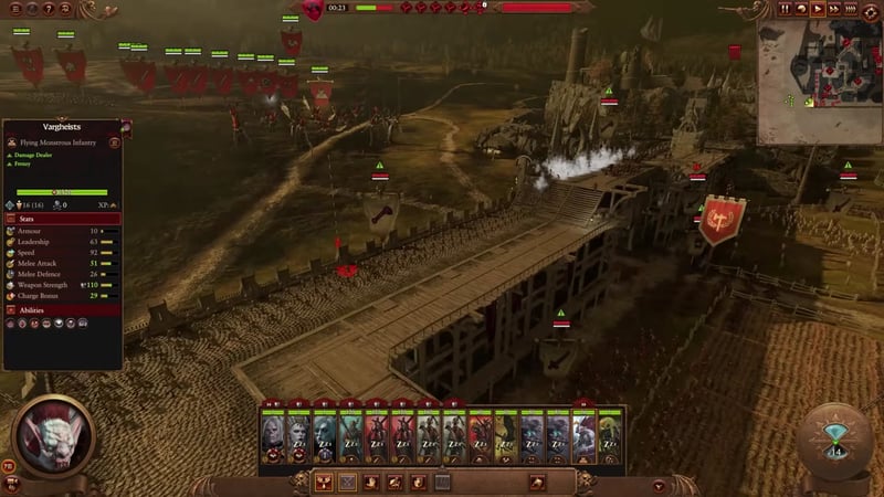 Siege deployment screen showing Vlad von Carstein's army, including Vargheists and other flying units, positioned near Castle Templehof's gate and wall with unit cards and stats visible.