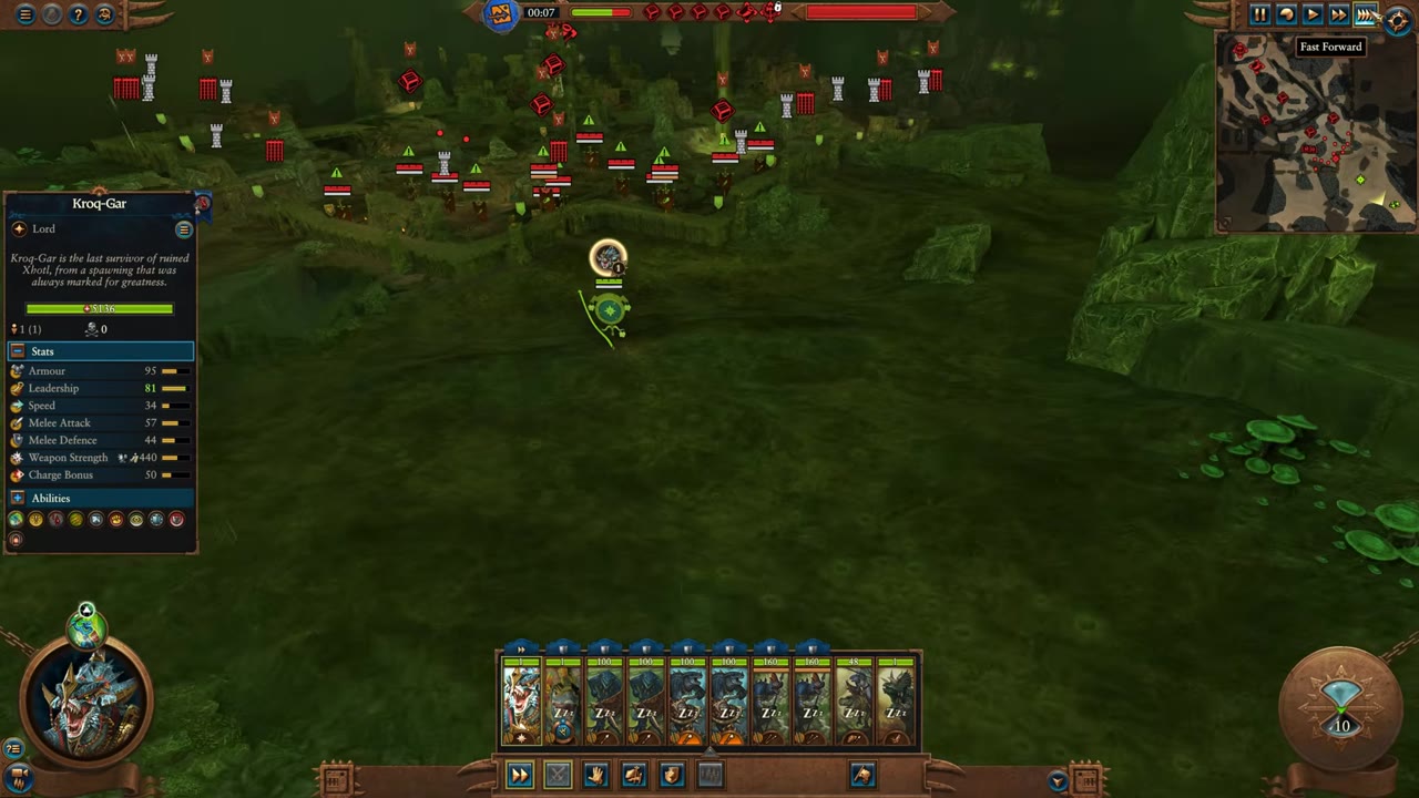 Battle screen for the opening Skaven settlement siege with Kroq-Gar selected, his stats visible at left, enemy Skaven units positioned inside the settlement, and Kroq-Gar's army—including Cold One Spear Riders and Saurus Warriors—arrayed and ready.
