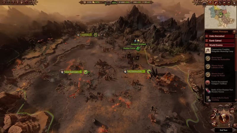 Campaign map interface with a notification for hobgoblin mustering camp construction and a quest issued for Gorduz the Backstabber visible in the event messages sidebar.