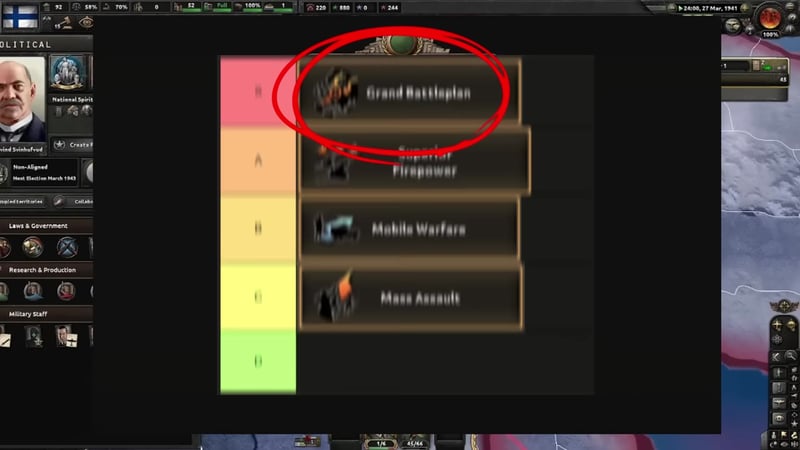 Tier list view of Hearts of Iron IV grand doctrines, showing Grand Battleplan (top, S rank), Superior Firepower (A), Mobile Warfare (B), and Mass Assault (C), with Grand Battleplan circled.