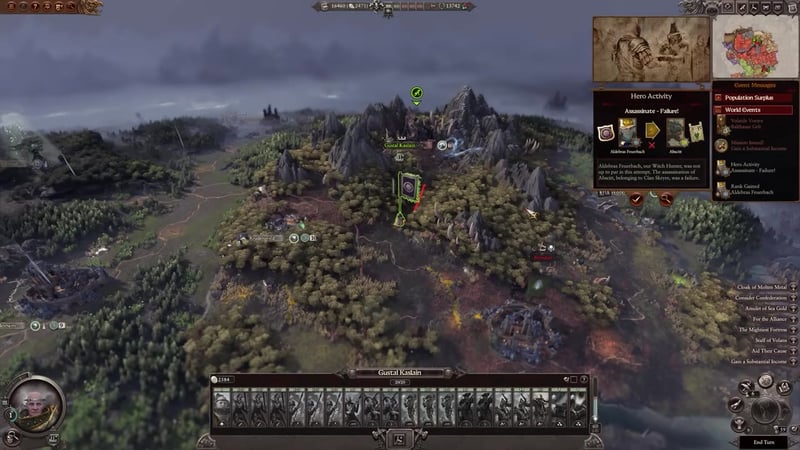 Campaign map showing a hero near ruins and enemy territory, with a hero activity panel detailing a failed assassination attempt on a Skaven hero by Aldebras Feuerbach. Visible settlements include Gustal Kaslain and Beroden.