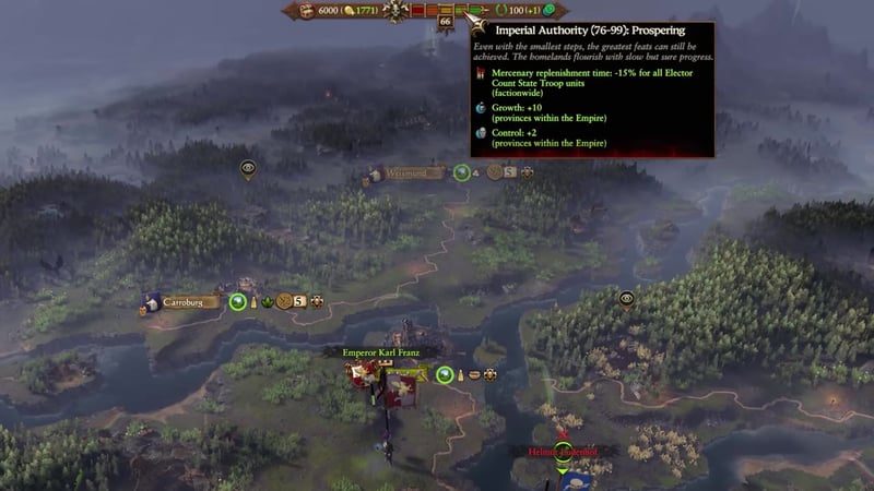 Campaign overview showing the Empire faction selection and the first lord summary panels.