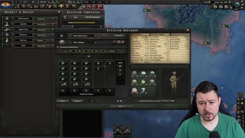 Division Designer window open on a template named 'KNIL Field Division' / 'KNIL Veldleger': a grid of infantry battalions with two support company slots, combat width 24, soft attack 72.6, hard attack 12.1, defense 275, breakthrough 37.5, and an estimated production cost of 573 to 660.