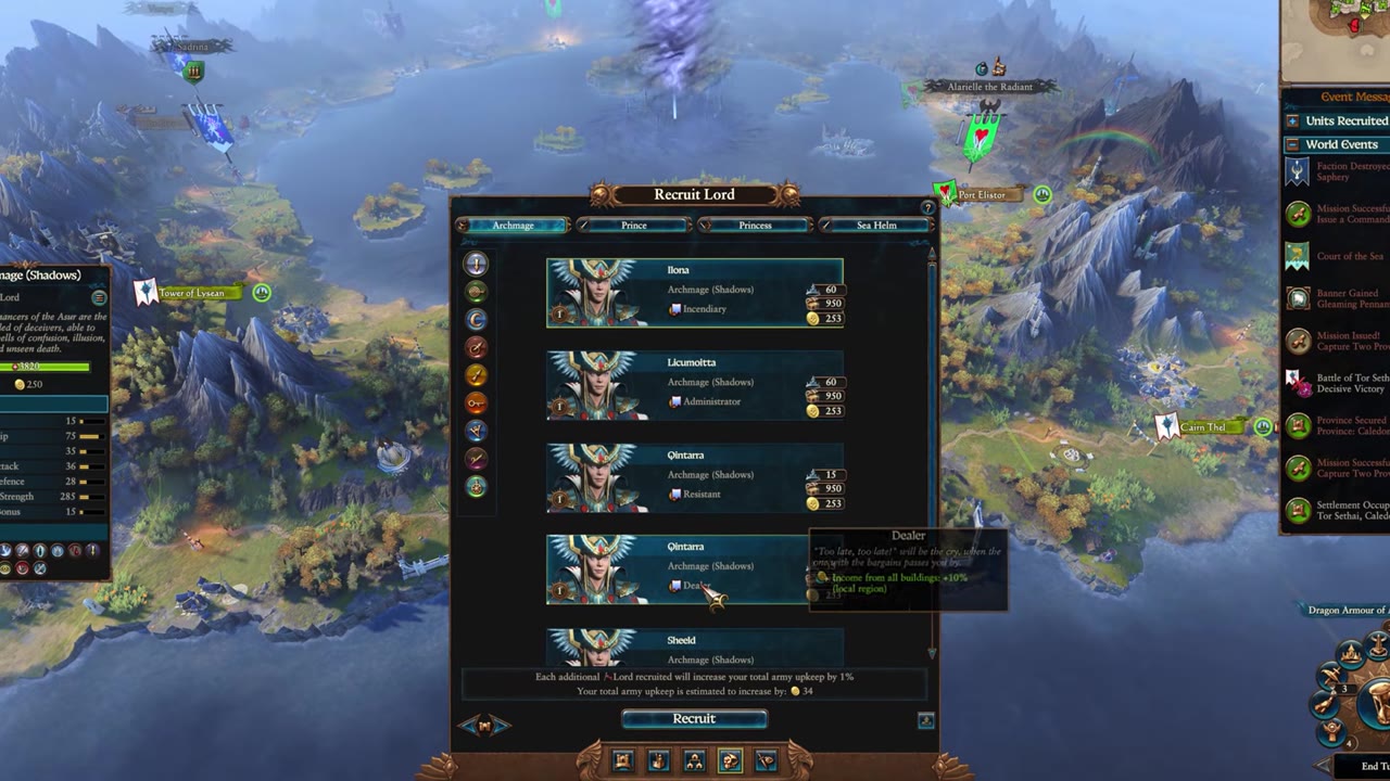 Recruit Lord screen for High Elves, displaying available lords and heroes with Influence costs, traits, stats, and a visible Influence value of 250 in the lower left.