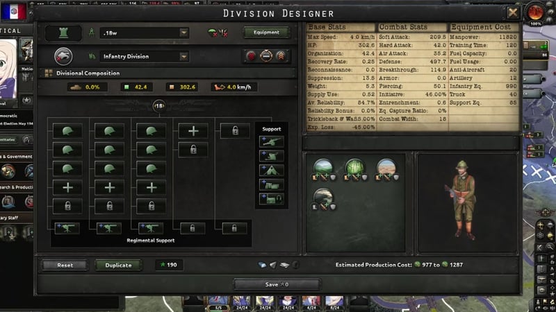 Division designer for an infantry template with nine infantry battalions arranged in three columns of three, three heavy-weapons-company slots filled in regimental support, and five support companies filled in the Support panel. Visible stats: Soft attack 209.5, Hard attack 42.0, Defense 497.7, manpower 11,820, production cost 977 to 1,287.