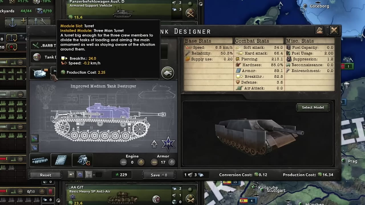 Hearts of Iron IV tank designer showing an improved medium tank destroyer with a three-man turret, high velocity cannon, small cannons, radio, riveted armor, gasoline engine, and maintenance module. Stats displayed include 89.1 armor, 82.8 breakthrough, 3.6 defense, and 16.34 production cost.