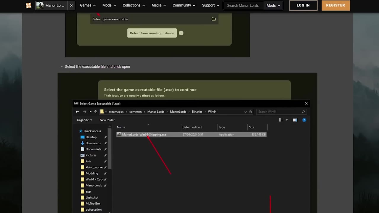 Mod manager setup screen showing instructions to select the game executable file, with a Windows Explorer window highlighting Manor Lords-Win64-Shipping.exe.